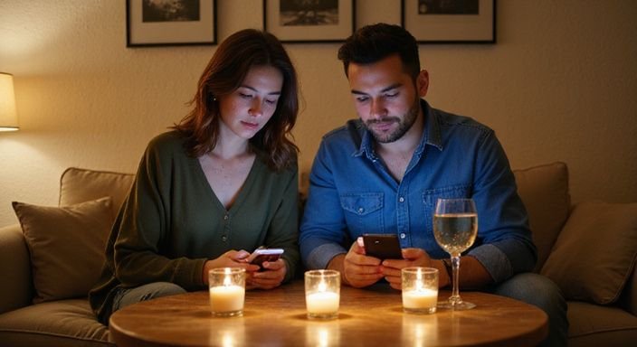 Ein Paar sitzt entspannt auf einem Sofa und betrachtet seine Smartphones. Ein Paar sitzt entspannt auf einem Sofa und betrachtet seine Smartphones und suche erotische kontakte sex-dating niedersachsen.
