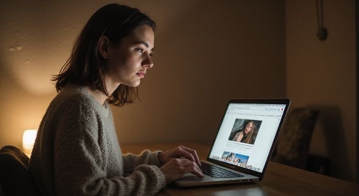 Frau am Schreibtisch, nachdenklich über eine Dating-Website. Frau am Schreibtisch, nachdenklich über eine Dating-Website.