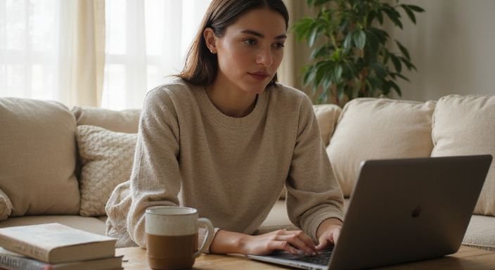 Eine Frau sitzt entspannt auf einer Couch und arbeitet am Laptop. Eine Frau sitzt entspannt auf einer Couch und arbeitet am Laptop und suche erotische kontakte sex-dating niedersachsen.