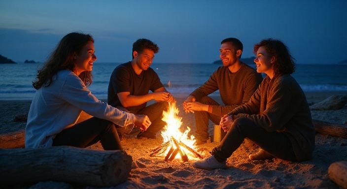 Eine Gruppe junger Erwachsener genießt einen intimen Abend am Strand. Eine Gruppe junger Erwachsener genießt einen intimen Abend am Strand.