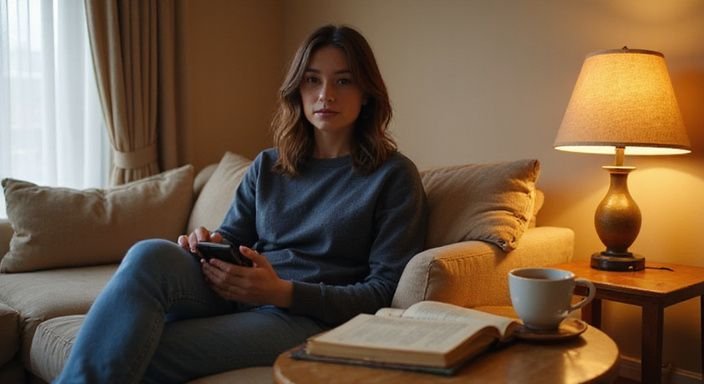Eine Frau entspannt auf einem Sofa mit Tee und Notizbuch. Eine Frau entspannt auf einem Sofa mit Tee und Notizbuch.