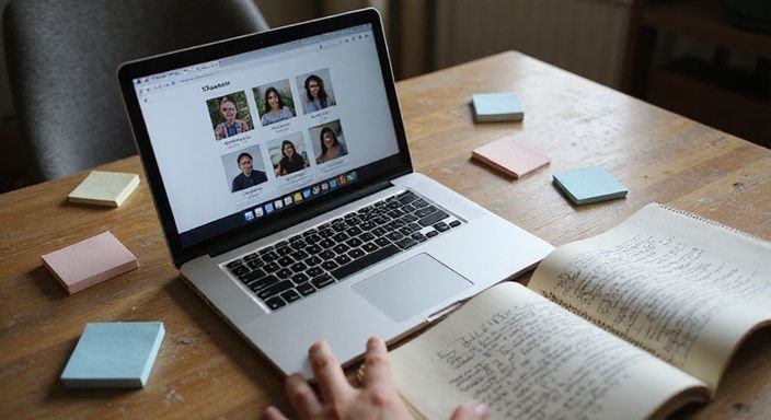 Ein Schreibtisch mit Laptop, Notizen und einem Notizblock für Dating. Ein Schreibtisch mit Laptop, Notizen und einem Notizblock für Dating für erotische kontakte sex-dating niedersachsen.