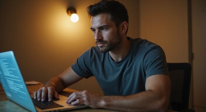 Ein Mann sitzt am Schreibtisch und konzentriert sich auf seinen Laptop. Ein Mann sitzt am Schreibtisch und konzentriert sich auf seinen Laptop und suche sexkontakt in Baden-Württemberg.