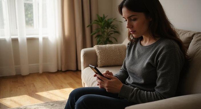 Eine Frau in legerer Kleidung entspannt auf einem Sofa mit Smartphone. Eine Frau in legerer Kleidung entspannt auf einem Sofa mit Smartphone und suche sexkontakt in Baden-Württemberg.