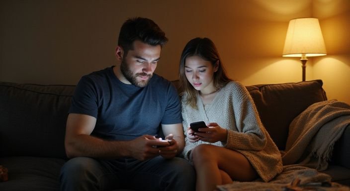 Ein Paar sitzt entspannt auf einem Sofa und nutzt Smartphones. Ein Paar sitzt entspannt auf einem Sofa und nutzt Smartphones.