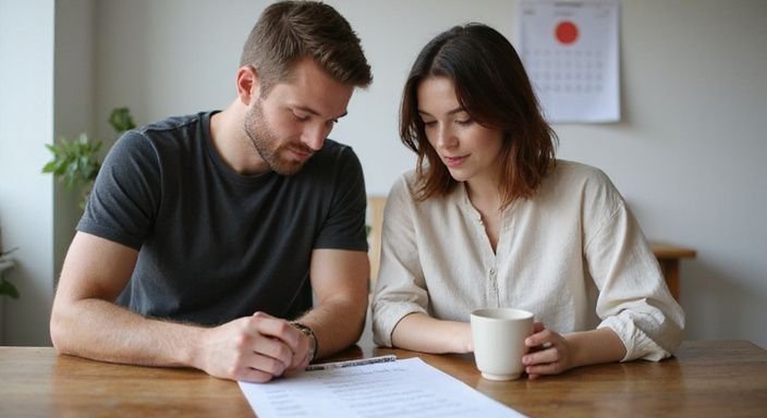 Ein Paar arbeitet konzentriert an einem Tisch mit Notizen. Ein Paar arbeitet konzentriert an einem Tisch mit Notizen.