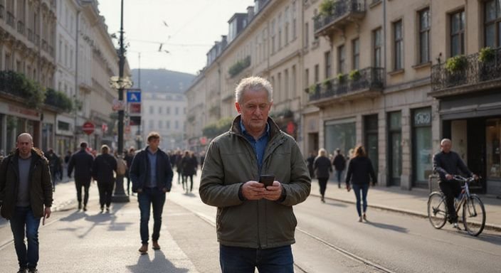 Eine Person nutzt ihr Smartphone an einer belebten Straßenecke. Eine Person nutzt ihr Smartphone an einer belebten Straßenecke.
