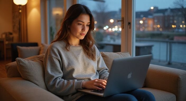 Eine junge Frau sitzt auf einem Sofa und arbeitet am Laptop. Eine junge Frau sitzt auf einem Sofa und arbeitet am Laptop und suche sexkontakt in Baden-Württemberg.