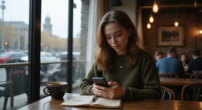 Eine Frau in einem Café scrollt konzentriert durch eine Dating-App. Eine Frau in einem Café scrollt konzentriert durch eine Dating-App.