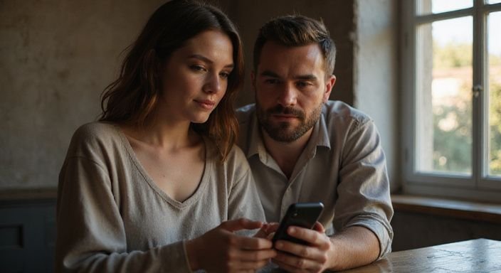 Ein Paar steht nah beieinander und nutzt ihre Smartphones. Ein Paar steht nah beieinander und nutzt ihre Smartphones.