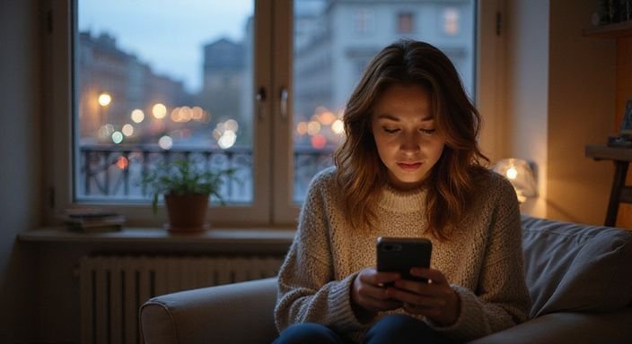 Eine Frau entspannt in einem Sessel und nutzt eine Dating-App. Eine Frau entspannt in einem Sessel und nutzt eine Dating-App für Sexkontakt Berlin.