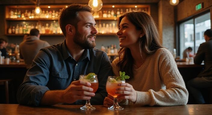 Ein Paar genießt Cocktails in einer gemütlichen Bar. Ein Paar genießt Cocktails in einer gemütlichen Bar.