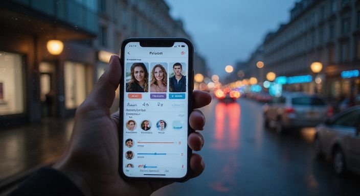 Ein Smartphone zeigt ein Dating-App-Profil vor einer nächtlichen Stadtkulisse. Ein Smartphone zeigt ein Dating-App-Profil vor Sexkontakt Berlin.