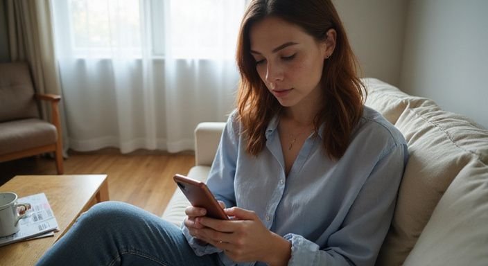 Eine Frau scrollt entspannt durch eine Dating-App auf ihrem Smartphone. Eine Frau scrollt entspannt durch eine Dating-App auf ihrem Smartphone und suche sexkontakt in Berlin.
