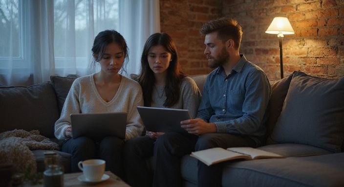 Junge Frau und Mann diskutieren ernsthaft über Online-Zahlungsmethoden. Junge Frau und Mann diskutieren ernsthaft über Online-Zahlungsmethoden.