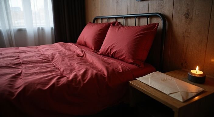 Ein modernes Hotelzimmer mit rotem Bett und Kerzenschein. Ein modernes Hotelzimmer mit rotem Bett und Kerzenschein.