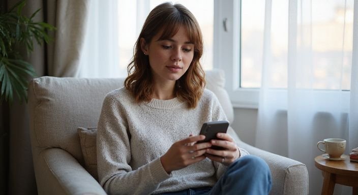 Eine Frau in einem bequemen Stuhl beschäftigt sich mit ihrem Smartphone. Eine Frau in einem bequemen Stuhl beschäftigt sich mit ihrem Smartphone und suche Sexkontakt in Berlin.