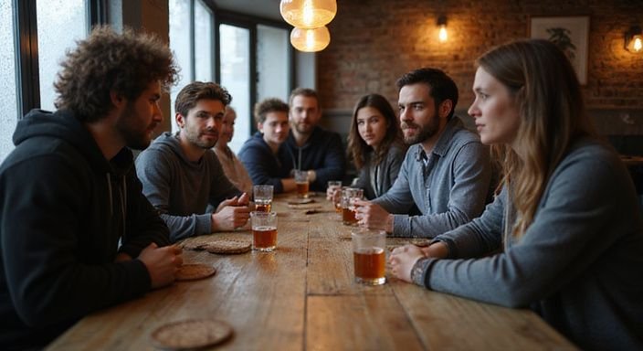 Junge Erwachsene diskutieren entspannt über sichere private Treffen in einer Bar. Junge Erwachsene diskutieren entspannt über sichere private Treffen in einer Bar.