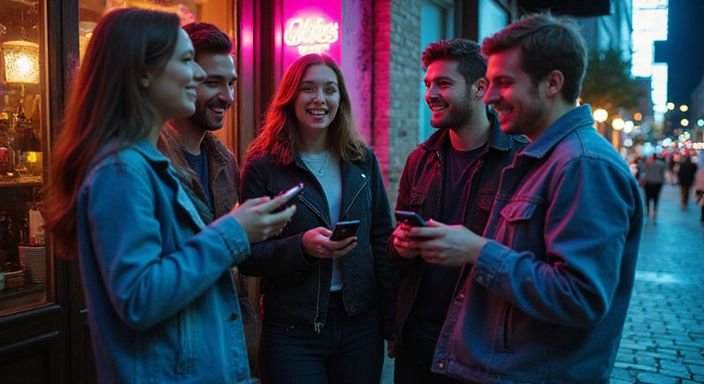 Eine Gruppe junger Erwachsener genießt die Nacht vor einer Bar. Eine Gruppe junger Erwachsener genießt die Nacht vor einer Bar.