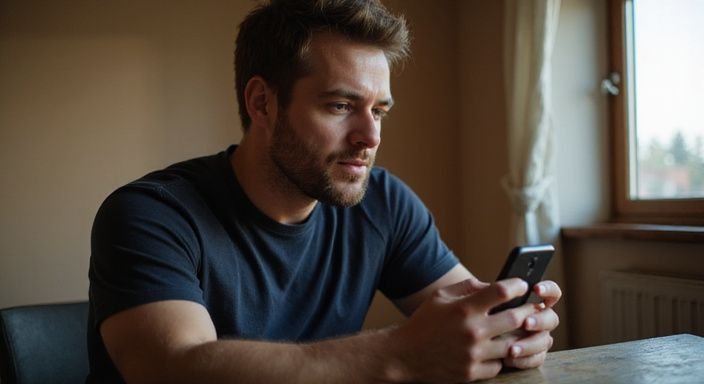 Ein nachdenklicher Mann scrollt konzentriert durch eine Dating-App. Ein nachdenklicher Mann scrollt konzentriert durch eine Dating-App für sexkontakt in Frankfurt am Main.