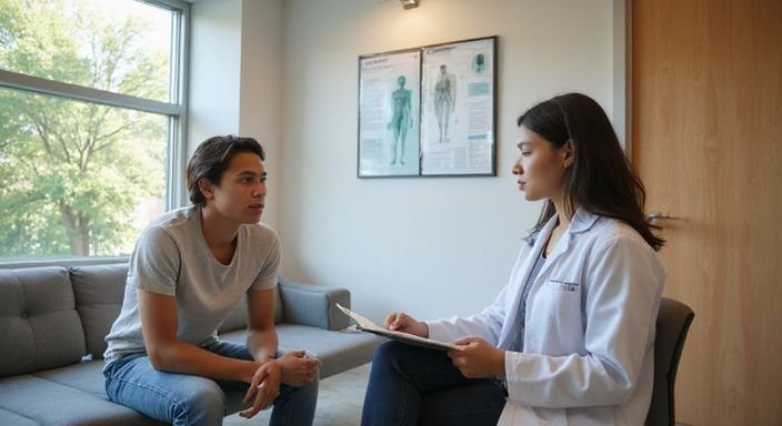 Junger Erwachsener und Arzt in modernem Wartebereich einer Klinik. Junger Erwachsener und Arzt in modernem Wartebereich einer Klinik.