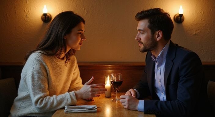Ein Paar führt ein intensives Gespräch in einem gemütlichen Bistro. Ein Paar führt ein intensives Gespräch in einem gemütlichen Bistro.
