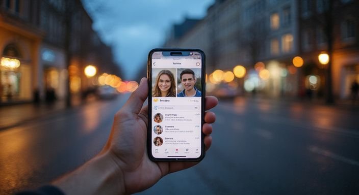 Nahaufnahme eines Smartphones mit Dating-App und Frankfurter Skyline im Hintergrund. Nahaufnahme eines Smartphones mit Dating-App und Frankfurter Skyline im Hintergrund.