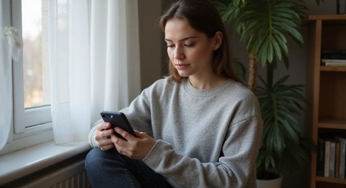 Eine Frau sitzt nachdenklich mit ihrem Smartphone in einer Wohnung. Eine Frau sitzt nachdenklich mit ihrem Smartphone in einer Wohnung und suche sexkontakt in Frankfurt am Main.