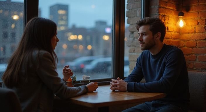 Ein junger Mann und eine Frau führen ein Gespräch in einem Café. Ein junger Mann und eine Frau führen ein Gespräch über Sexkontakt Frankfurt am Main in einem Café.