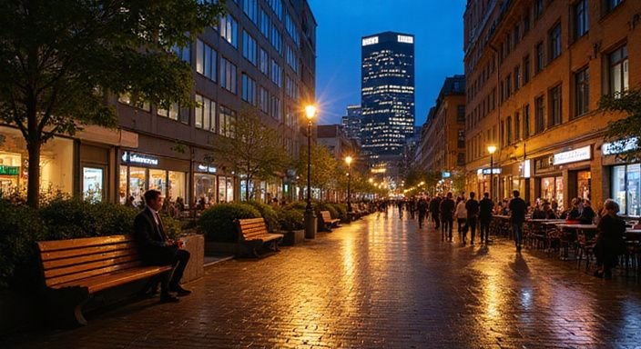 Frankfurts lebendige Nachtstadtlandschaft mit modernen Gebäuden und entspannter Atmosphäre. Frankfurts lebendige Nachtstadtlandschaft mit modernen Gebäuden und entspannter Atmosphäre.