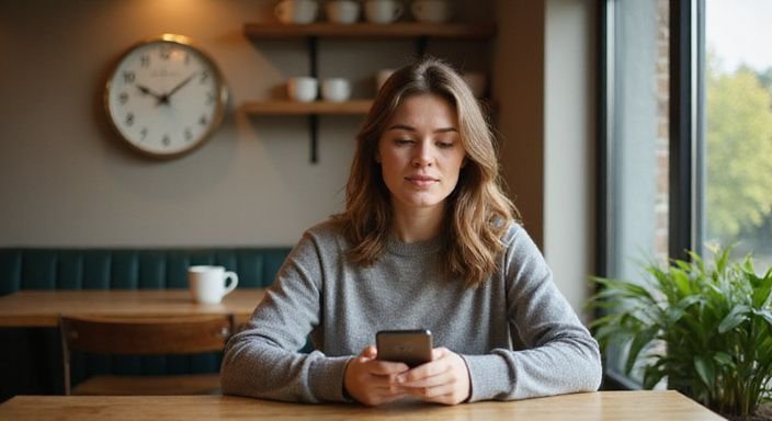 Eine Frau sitzt entspannt an einem Tisch und tippt auf ihrem Smartphone. Eine Frau sitzt entspannt an einem Tisch und tippt auf ihrem Smartphone.