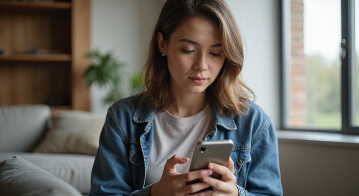 Eine junge Frau nutzt konzentriert eine Dating-App auf ihrem Smartphone. Eine junge Frau nutzt konzentriert eine Dating-App auf ihrem Smartphone und wollen sexkontakt in Hamburg.