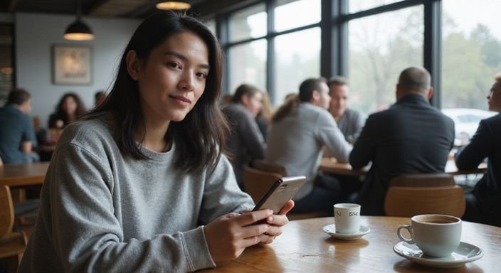 Eine junge Frau sitzt entspannt in einem Café und nutzt ihr Smartphone. Eine junge Frau sitzt entspannt in einem Café und nutzt ihr Smartphone und suche sexkontakt in Hamburg.