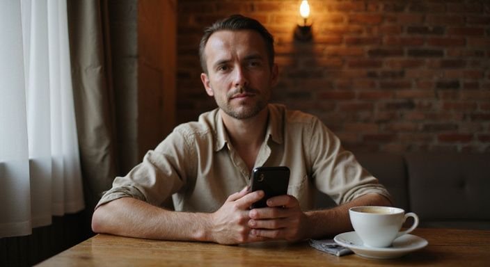 Eine Person sitzt in einem Café und nutzt ein Smartphone. Eine Person sitzt in einem Café und nutzt ein Smartphone.