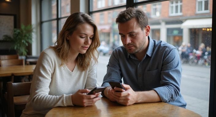 Ein Paar sitzt in einem Café und schaut auf ihre Smartphones. Ein Paar sitzt in einem Café und schaut auf ihre Smartphones und suche sexkontakt in Hamburg.