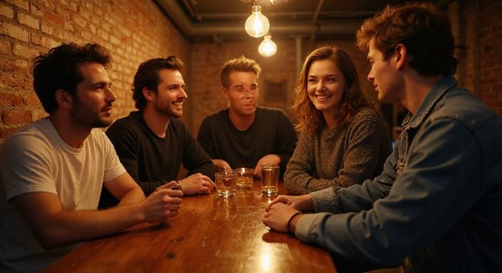 Fünf Personen haben ein bedeutungsvolles Gespräch in einem Club. Fünf Personen haben ein bedeutungsvolles Gespräch in einem Club.