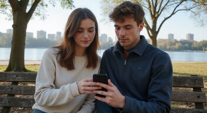 Ein junges Paar sitzt entspannt auf einer Parkbank und schaut auf ihr Handy. Ein junges Paar sitzt entspannt auf einer Parkbank und schaut auf ihr Handy.