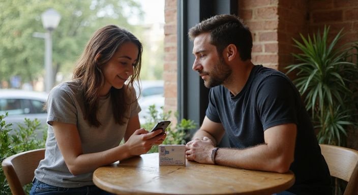 Ein Paar diskutiert sicherheitsbewusst vor einem Treffen in einem Café. Ein Paar diskutiert sicherheitsbewusst vor einem Treffen in einem Café und wollen sexkontakt in Hamburg.