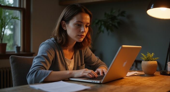 Eine Frau arbeitet konzentriert an ihrem Laptop in einem Heimarbeitsplatz. Eine Frau arbeitet konzentriert an ihrem Laptop in einem Heimarbeitsplatz.