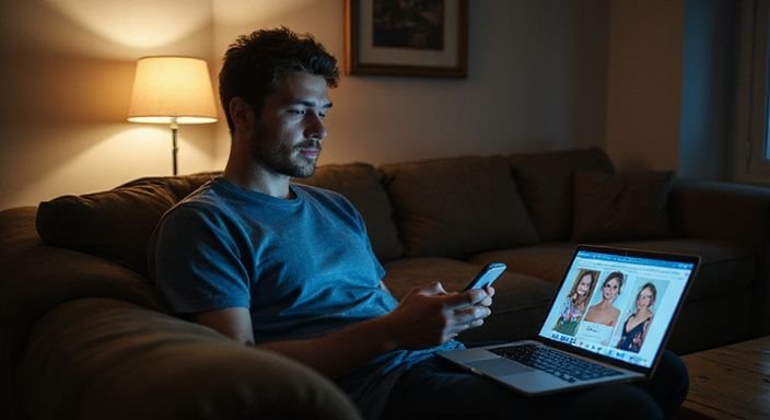 Ein Mann sitzt entspannt auf einem Sofa und nutzt sein Smartphone. Ein Mann sitzt entspannt auf einem Sofa und nutzt sein Smartphone und suche Sexkontakt Hessen.