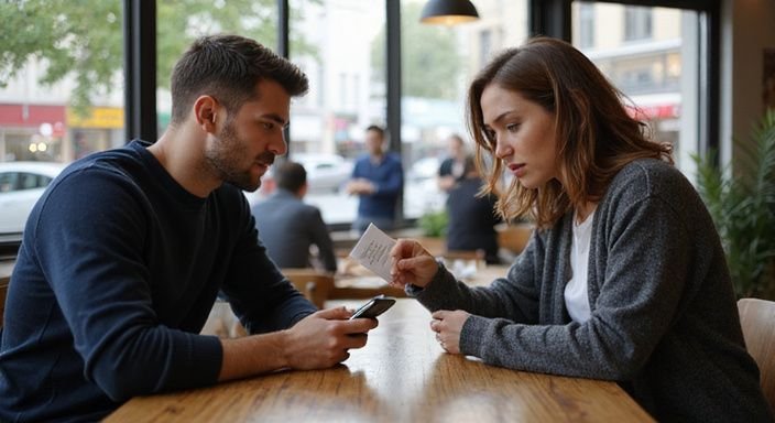 Ein Mann und eine Frau tauschen Umschläge in einem Café aus. Ein Mann und eine Frau tauschen Umschläge in einem Café aus und wollen sexkontakt in Hessen.