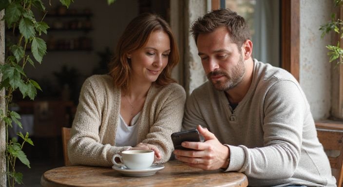 Eine Frau und ein Mann sitzen entspannt bei Kaffee im Café