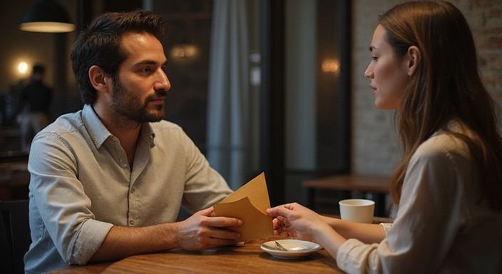 Zwei Personen tauschen heimlich einen Brief in einem Café aus. Zwei Personen tauschen heimlich einen Brief in einem Café aus.