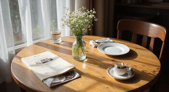 Ein gemütlicher Café-Tisch mit frischen Blumen und Kaffee. Ein gemütlicher Café-Tisch mit frischen Blumen und Kaffee.