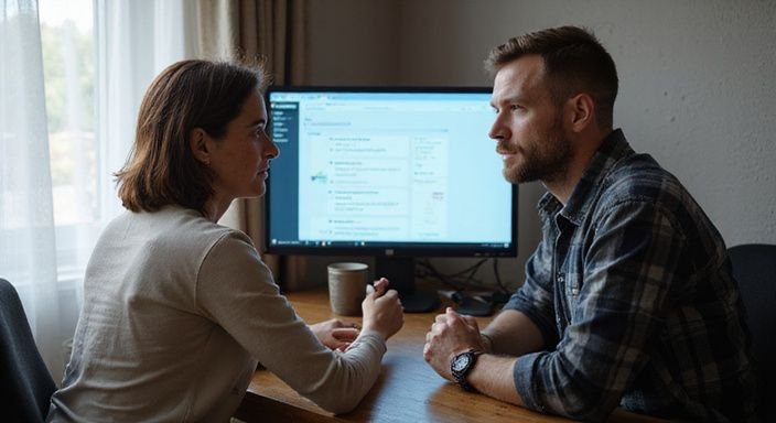 Ein Paar arbeitet konzentriert an einem Computer in einem Büro. Ein Paar arbeitet konzentriert an einem Computer in einem Büro und wollen sexkontakt in Sachsen-Anhalt.