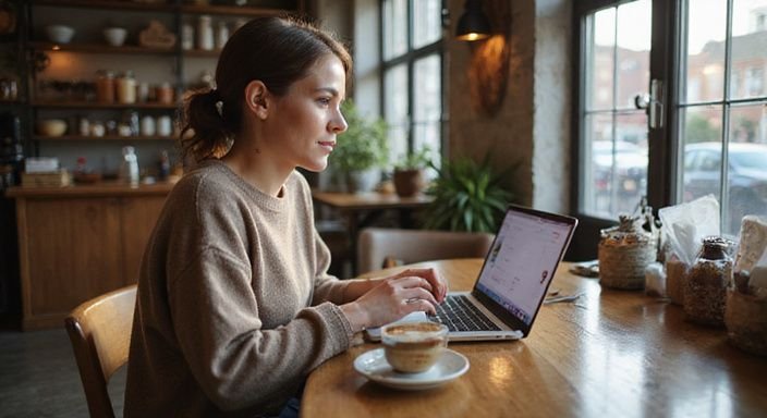 Eine Frau arbeitet konzentriert an ihrem Laptop in einem Café. Eine Frau arbeitet konzentriert an ihrem Laptop in einem Café und wollen sexkontakt in Sachsen-Anhalt.