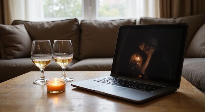 Ein einladendes Wohnzimmer mit Wein, Kerze und Laptop im Gespräch. Ein einladendes Wohnzimmer mit Wein, Kerze und Laptop im Gespräch.