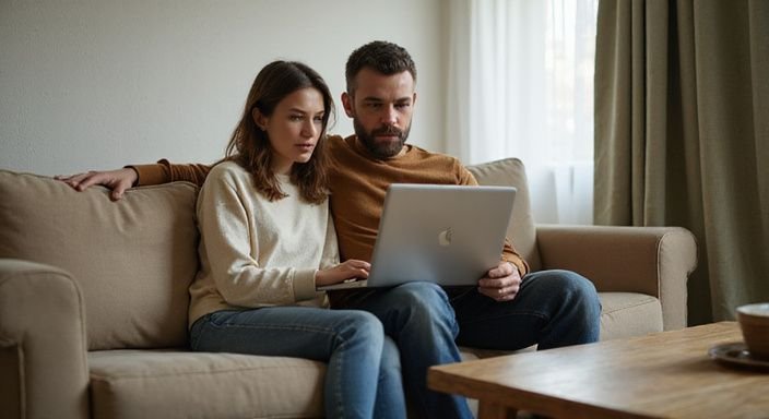 Ein Paar browsed gemeinsam auf einem Laptop in ihrem Wohnzimmer. Ein Paar browsed gemeinsam auf einem Laptop in ihrem Wohnzimmer.