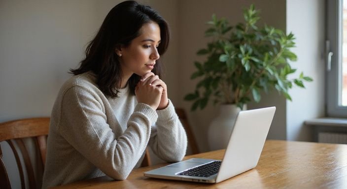 Eine Frau studiert aufmerksam Profile auf einer Dating-Website. Eine Frau studiert aufmerksam Profile auf einer Dating-Website für sexkontakt in Sachsen-Anhalt.