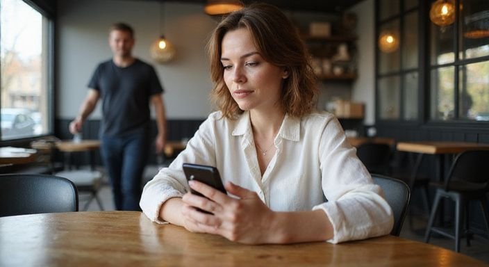 Eine Frau sitzt an einem Tisch und schaut auf ihr Smartphone. Eine Frau sitzt an einem Tisch und schaut auf ihr Smartphone und suche sexkontakt in Sachsen-Anhalt.